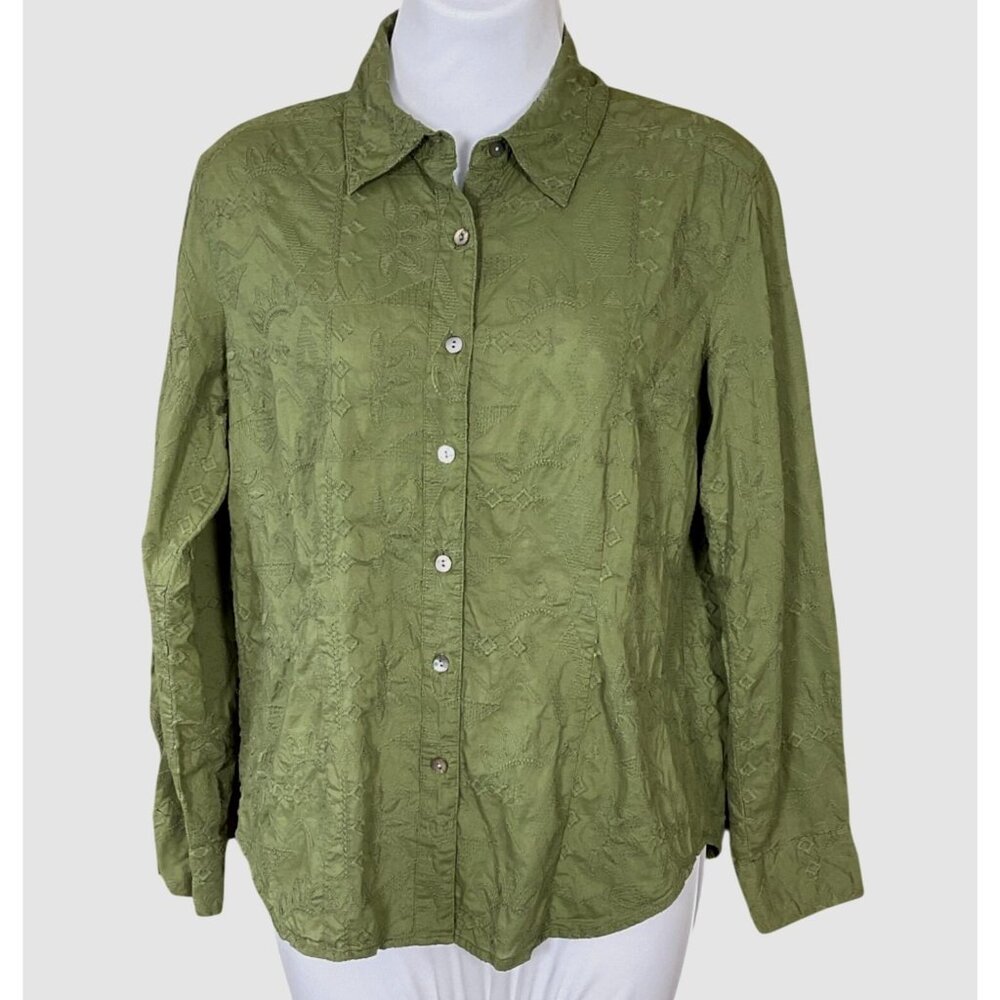 Chicos Long Sleeve Army Green Button-Front All Over Embroidery Design Shirt S/8